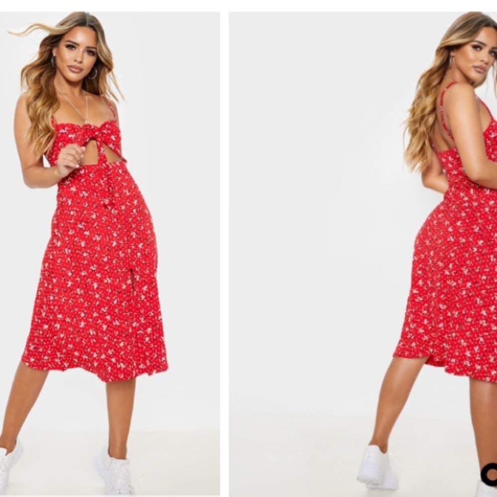 PrettyLittleThing Red Floral Tie Front Dress - Picture 5 of 14